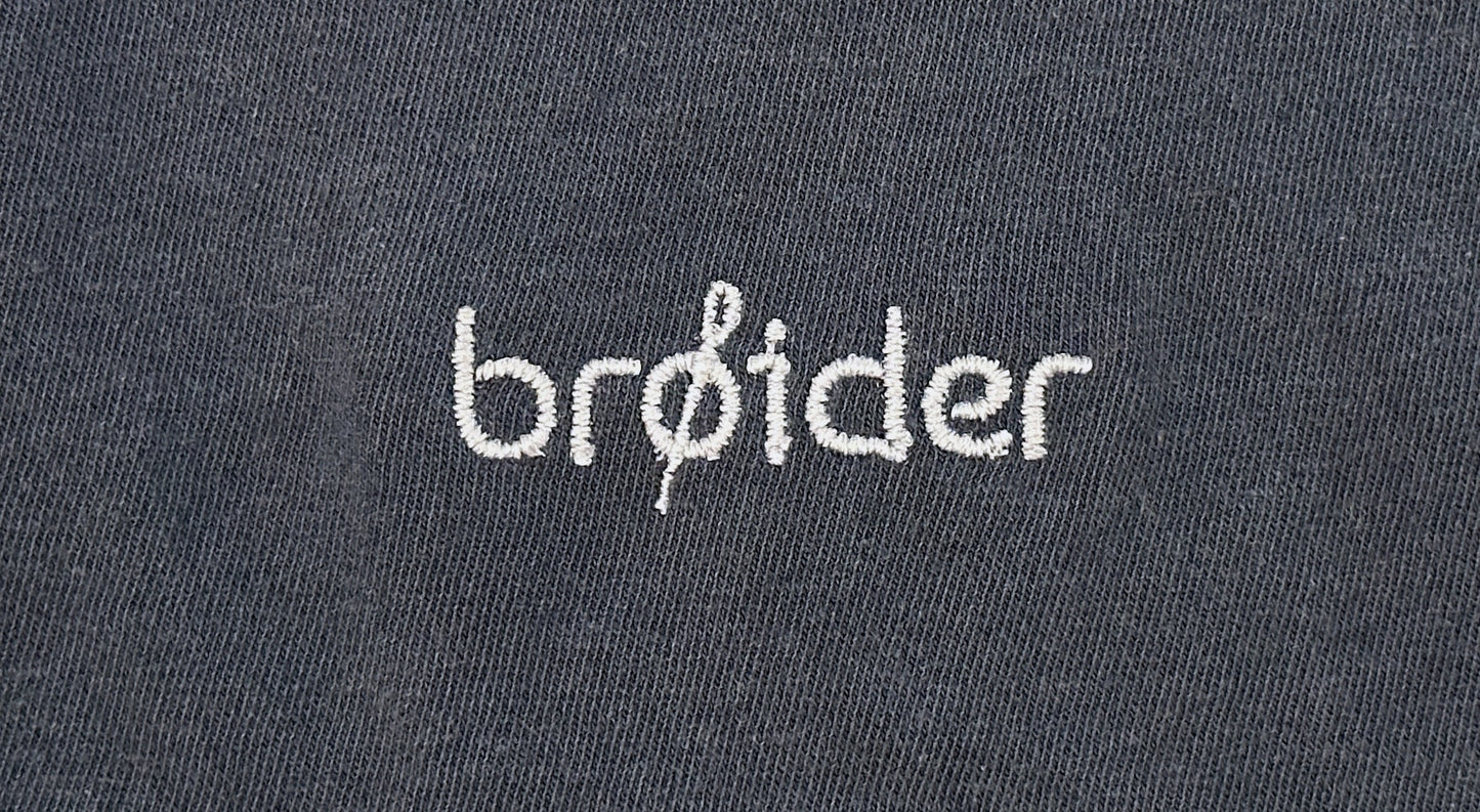 Close-up of Boysters ‘N Oysters embroidery by Broider. Playful oyster design stitched on cotton, unique and Boston-made.