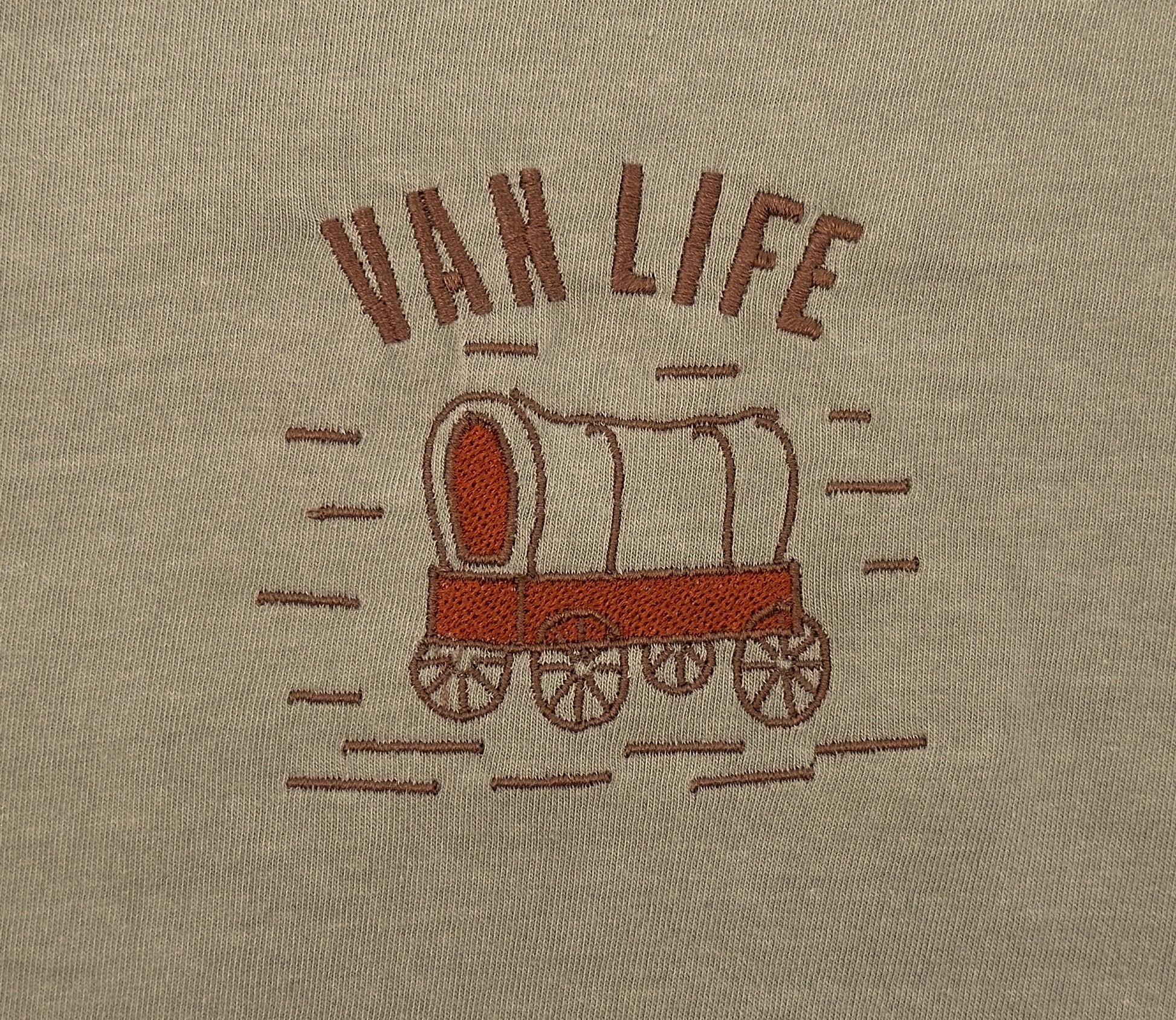 Van Life embroidered shirt by Broider, front flat lay. Adventure design stitched in Boston on cotton tee, original and durable.