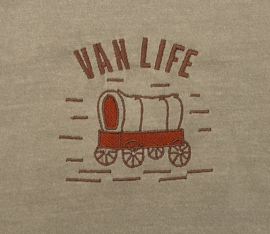 Van Life embroidered shirt by Broider, front flat lay. Adventure design stitched in Boston on cotton tee, original and durable.