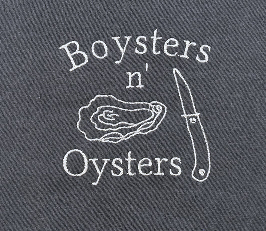 Boysters N Oysters embroidered shirt by Broider, front flat lay. Coastal-inspired cotton tee with original art, made in Boston.
boysters n oysters
boysters n' oysters
boysters 'n oysters
boysters and oysters