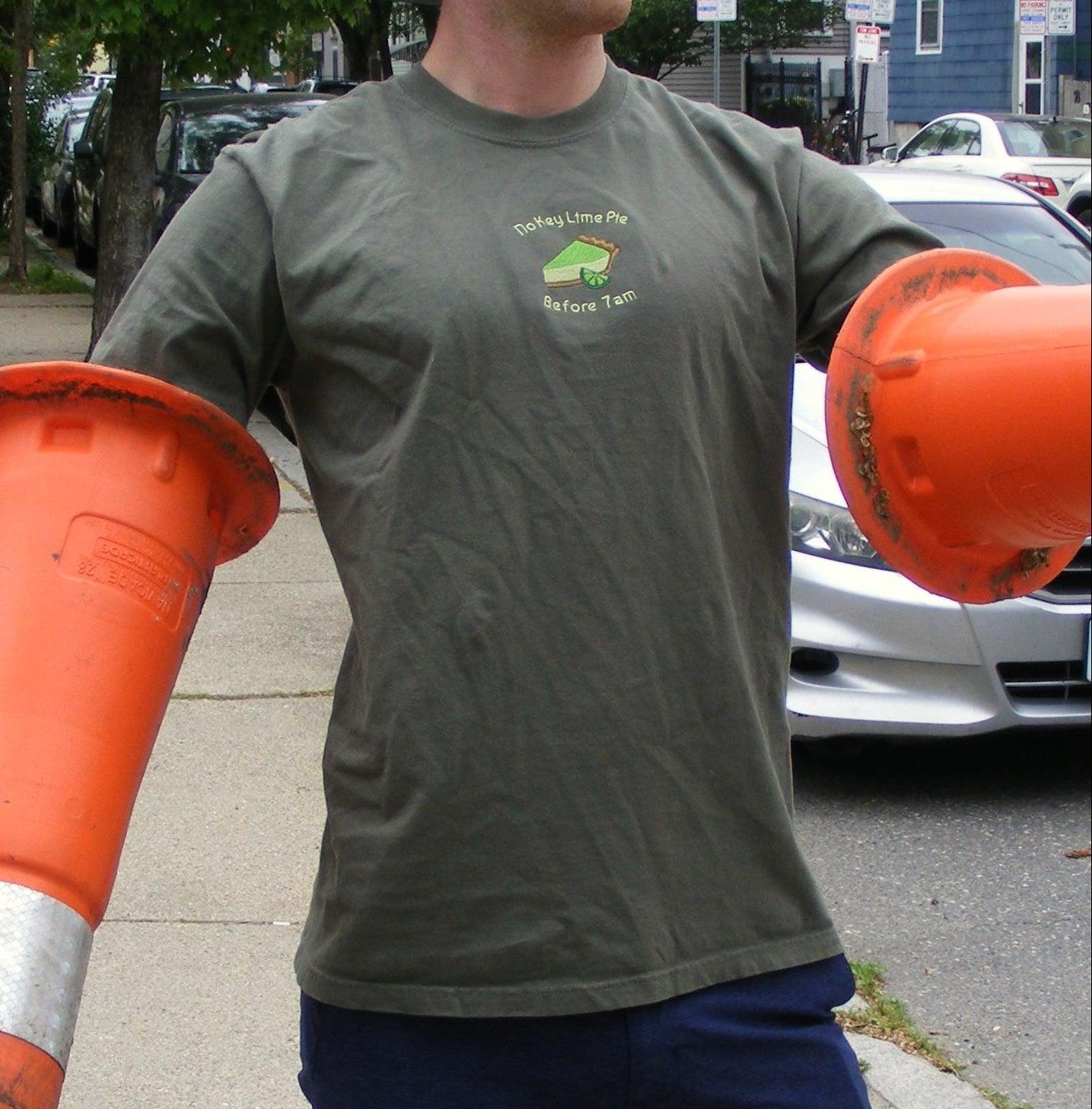 Model wearing No Key Lime Pie Before 7am shirt by Broider. Quirky embroidered tee made in Boston, perfect for morning moods.