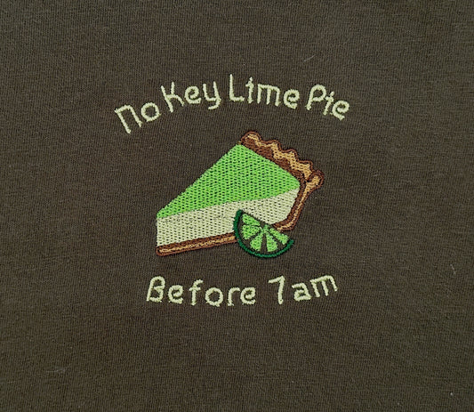 No Key Lime Pie Before 7am embroidered shirt by Broider, front flat lay. Funny cotton tee with original design, made in Boston.