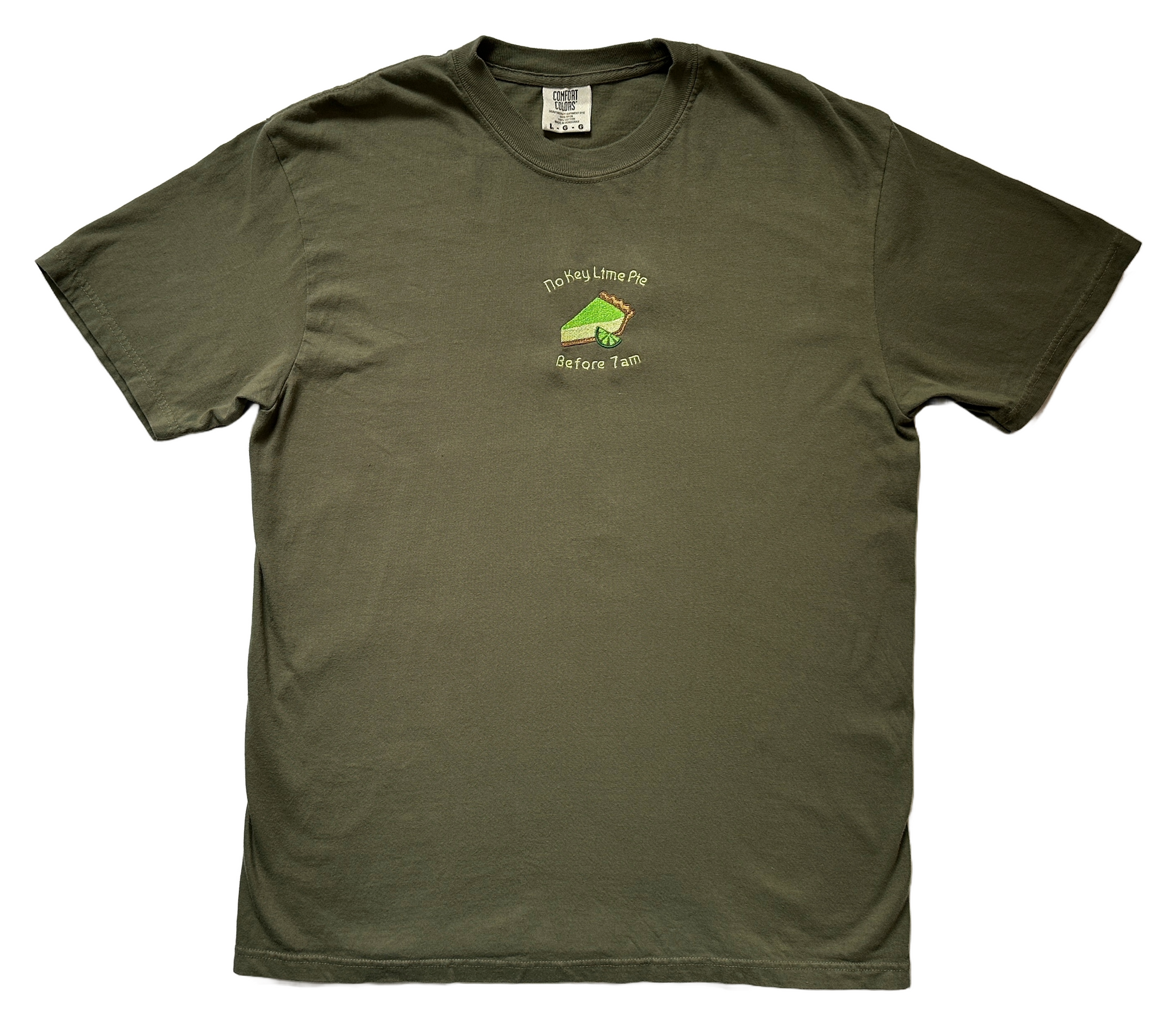 No Key Lime Pie Before 7am embroidered shirt by Broider, front flat lay. Funny cotton tee with original design, made in Boston.