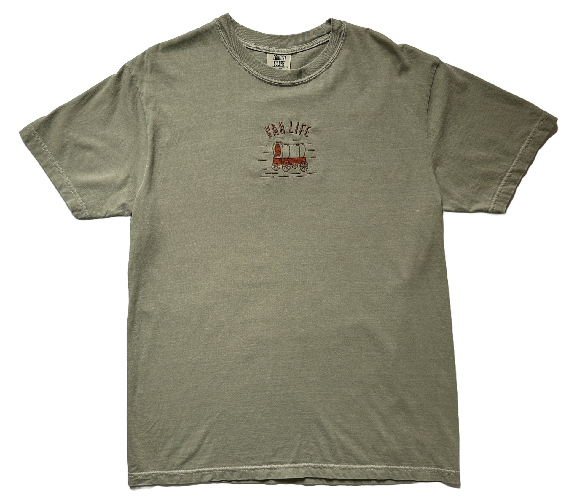 Van Life embroidered shirt by Broider, front flat lay. Adventure design stitched in Boston on cotton tee, original and durable.