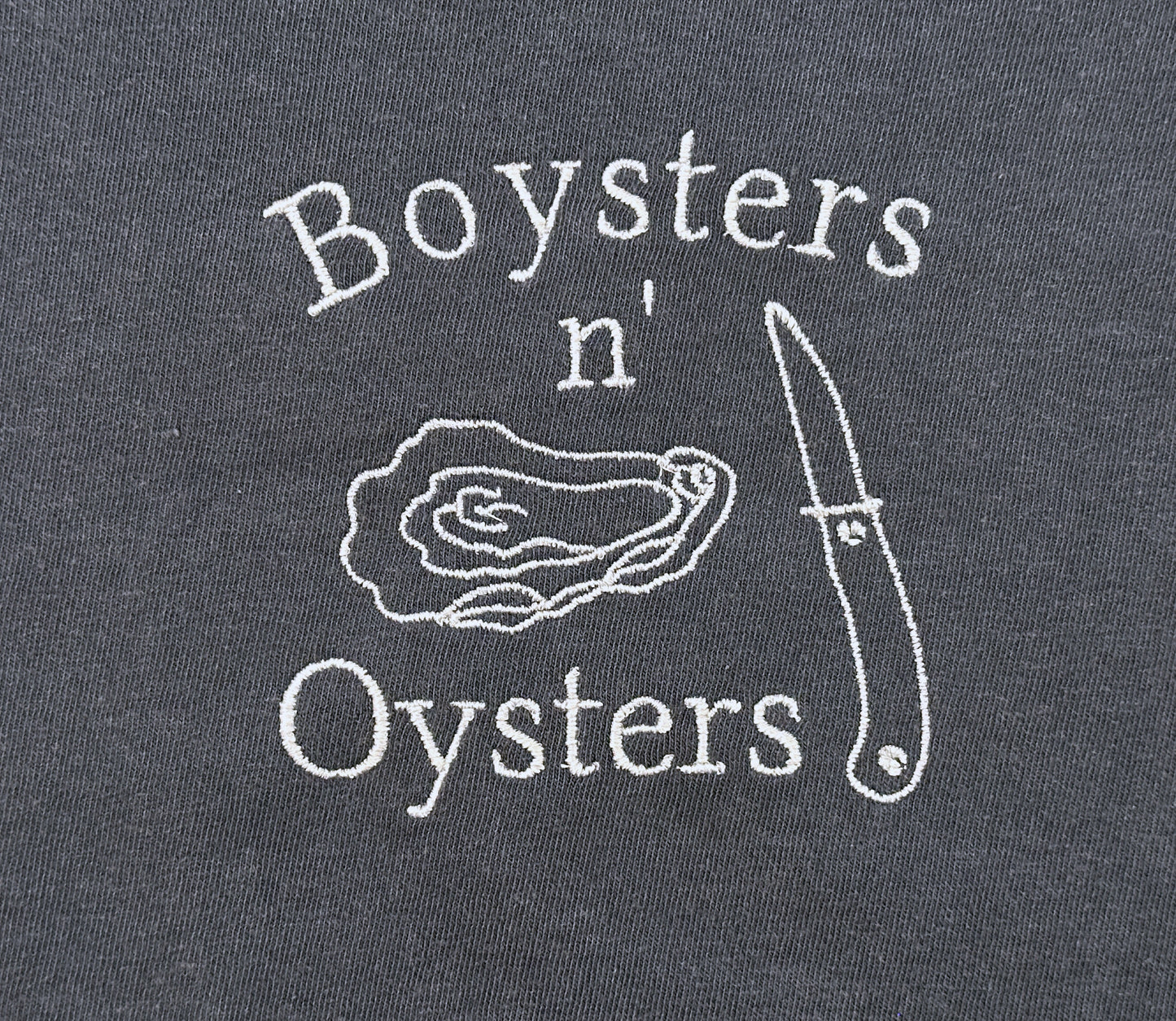 Boysters N Oysters embroidered shirt by Broider, front flat lay. Coastal-inspired cotton tee with original art, made in Boston.

boysters n oysters
boysters n' oysters
boysters 'n oysters
boysters and oysters