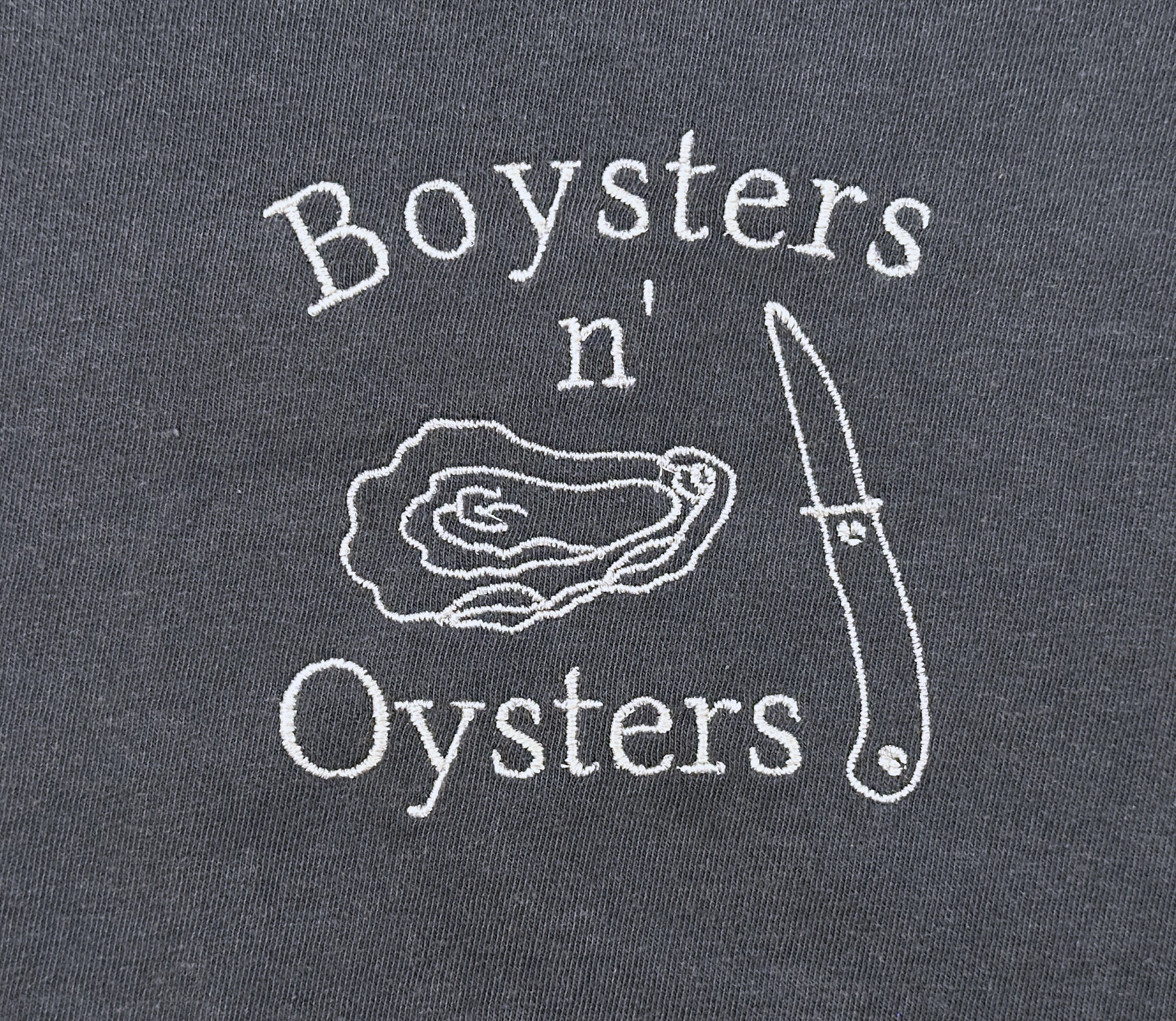 Boysters N Oysters embroidered shirt by Broider, front flat lay. Coastal-inspired cotton tee with original art, made in Boston.

boysters n oysters
boysters n' oysters
boysters 'n oysters
boysters and oysters