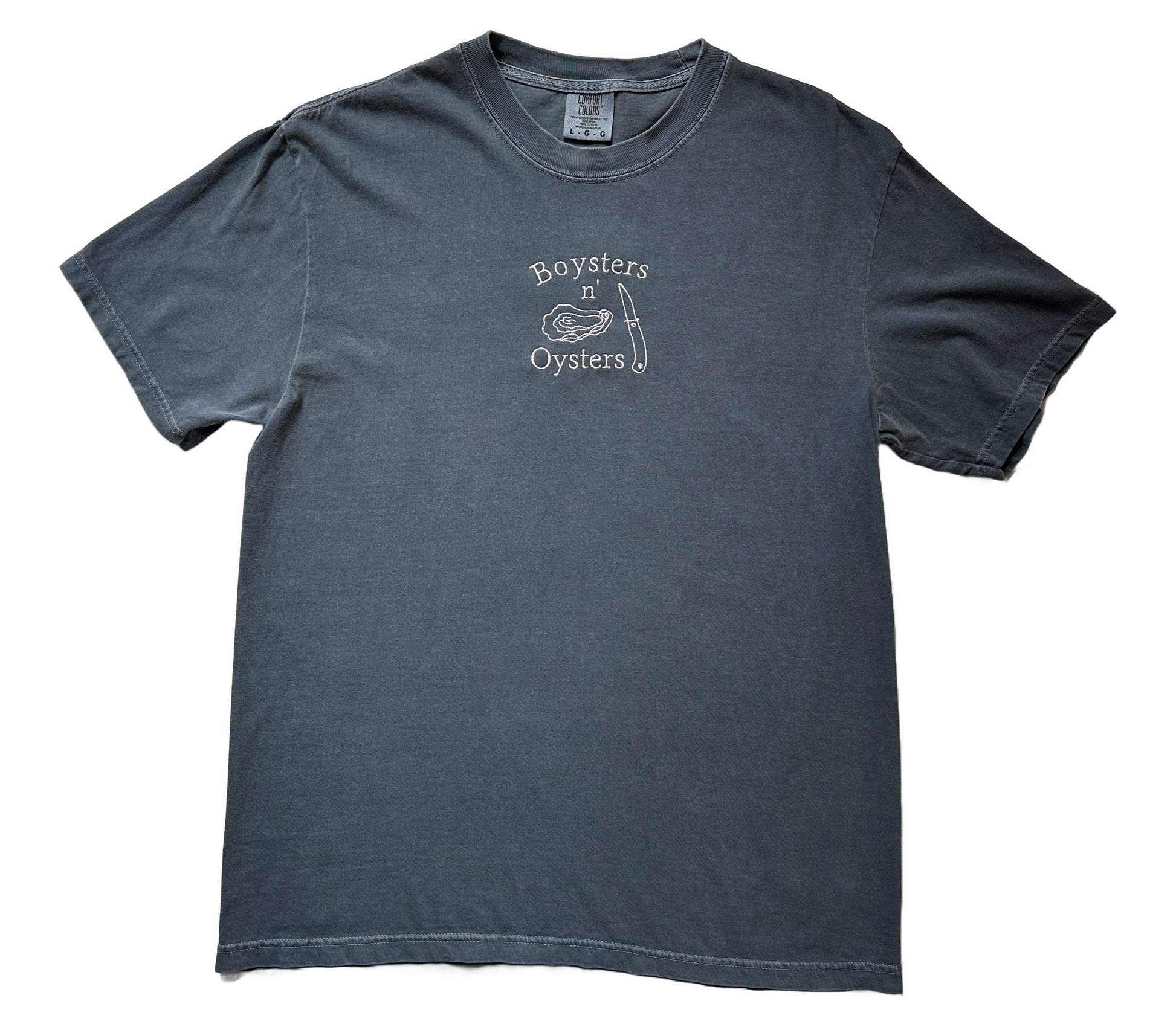 Boysters ‘N Oysters embroidered shirt by Broider, front flat lay. Coastal-inspired cotton tee with original art, made in Boston.