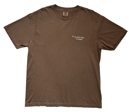 It’s a Good Day Outside embroidered shirt by Broider, front flat lay. Positive cotton tee made in Boston, creative original design.