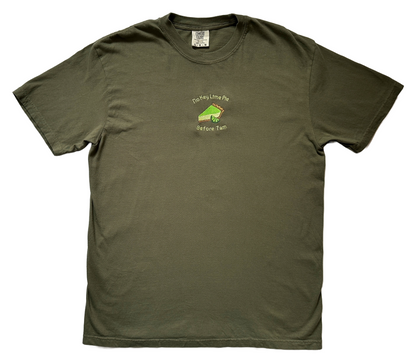 No Key Lime Pie Before 7am embroidered shirt by Broider, front flat lay. Funny cotton tee with original design, made in Boston.